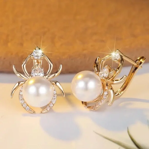 Elegant Gold and Pearl Spider Earrings - Picture 5 of 5